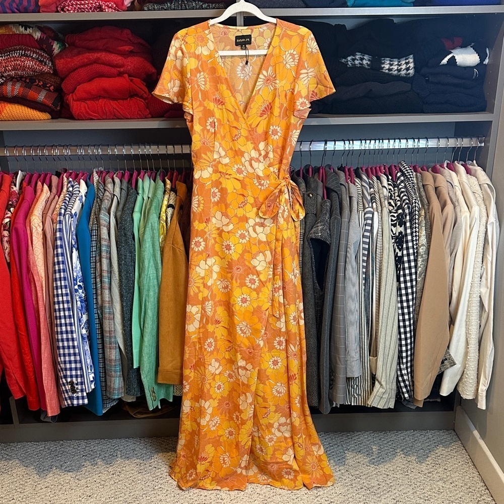 Sugarlips orange/white floral short sleeve lined maxi wrap dress size M NWOT